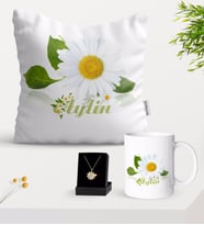 BK Gift Kişiye Özel Papatya Temalı Yastık Kupa Ve Papatya Kolye Hediye Seti-4 (Model 1)
