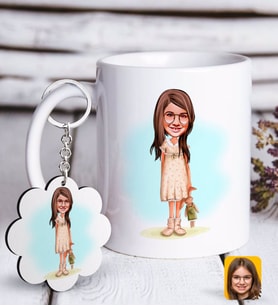 BK Gift Kişiye Özel Kız Çocuk Karikatürlü Beyaz Kupa ve Anahtarlık Hediye Seti-7 (Model 1)