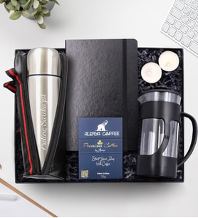 Kişiye Özel 500 ML Deri Çantalı Gümüş Termos & Siyah French Press & Defter & Alerya Premium Filtre Kahve & 2 Adet Mum Hediye Seti
