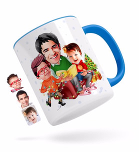 BK Gift Kişiye Özel Yeni Yıl Aile Karikatürlü Mavi Kupa Bardak-1
