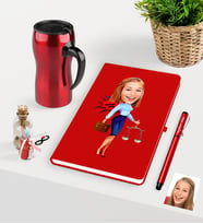 BK Gift Kişiye Özel Bayan Avukat Karikatürlü Kırmızı Defter Kalem ve Termos Mug Seti - 3 (Model 1)