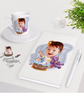 BK Gift Kişiye Özel Bebek Doğum Günü Karikatürlü Beyaz Defter Kalem Türk Kahvesi Fincanı Seti-2 (Model 1)