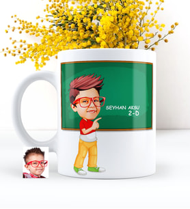 BK Gift Kişiye Özel Erkek Öğrenci Karikatürlü Beyaz Kupa Bardak - 1