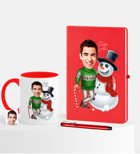 BK Gift Kişiye Özel Yılbaşı Temalı Bay Karikatürlü Kırmızı Defter Kalem Kupa Seti - 5