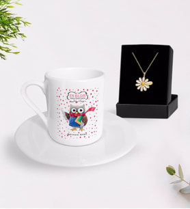 BK Gift Kişiye Özel Tarih Öğretmeni Türk Kahvesi Fincanı ve İsimli Papatya Kolye Hediye Seti-3 (Model 1)