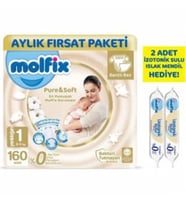 Molfix Pure Soft Bebek Bezi 1 Beden 2-5 kg 160 Adet + 2 Adet İzotonik Sulu Islak Mendil Hediyeli