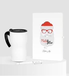 BK Gift Kişiye Özel Yılbaşı Noel Baba Temalı Beyaz Defter Kalem Termos Mug Seti - 2