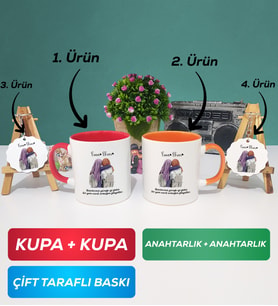 İkili Kırmızı Turuncu Arkadaşa Hediye Yan Yana Kupa Bardak Anahtarlık
