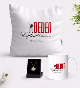 BK Gift Kişiye Özel Beden Eğitimi Öğretmeni Beyaz Kupa Yastık ve İsimli Papatya Kolye Hediye Seti (Model 1)