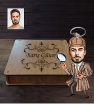 Kişiye Özel Müfettiş Karikatürlü  Ahşap Anahtarlık Kutulu Bay-1