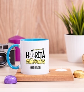 Harita Mühendisi Ahşap Altlıklı Mumlu Mavi Kupa Bardak
