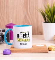 Harita Mühendisi Ahşap Altlıklı Mumlu Mavi Kupa Bardak