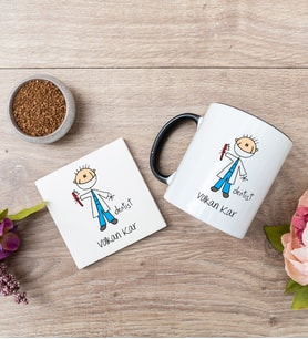 Erkek Diş Hekimi Karikatürü Siyah Kupa Bardak Ve Bardak Altlığı Seti
