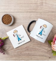 Erkek Diş Hekimi Karikatürü Siyah Kupa Bardak Ve Bardak Altlığı Seti