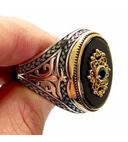 Otantik Motifli Siyah Taşlı Erkek Gümüş Yüzük 6018611974973