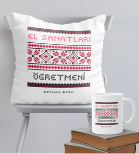 BK Gift Kişiye Özel El Sanatları Öğretmeni Temalı Yastık Kupa Seti - 1
