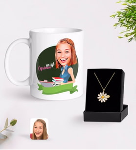 BK Gift Kişiye Özel Bayan En İyi Öğretmen Karikatürlü Kupa Ve Papatya Kolye Hediye Seti-1 (Model 1)