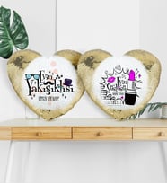 BK Gift Kişiye Özel İkili Evin Yakışıklısı Ve Süslüsü Altın Yaldız Sihirli Kalp Yastık  3
