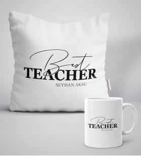 BK Gift Kişiye Özel En İyi Öğretmen Beyaz Yastık Kupa Seti-17 (Model 1)