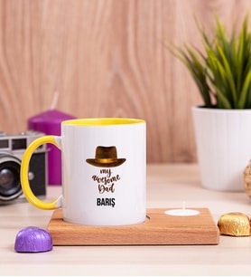 Awesome Dad Babaya Hediye Ahşap Altlıklı Mumlu Sarı Kupa Bardak