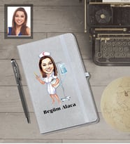 Kişiye Özel Hemşire Karikatürlü Gri Defter Kalem Hediye Seti  Bayan-2