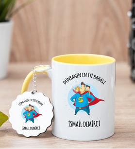 Süper Baba Tasarım Sarı Kupa Ve Anahtarlık Set