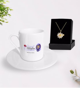 BK Gift Kişiye Özel Sosyal Bilgiler Öğretmeni Türk Kahvesi Fincanı ve İsimli Papatya Kolye Hediye Seti-2 (Model 1)