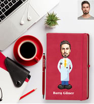 Kişiye Özel Doktor Karikatürlü Kırmızı Defter Kalem Hediye Seti Bay-2