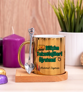 Bilişim Teknolojileri Öğretmeni Ahşap Altlıklı Gold Kupa Bardak