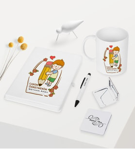 BK Gift Kişiye Özel Canım Öğretmenim Temalı Beyaz Defter Kalem Kupa Ayna Seti - 4