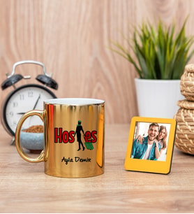 Hostes Gold Kupa Bardak ve Sarı Mini Fotoğraf Çerçevesi