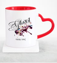 BK Gift Kişiye Özel Mesleki Gitarist Kırmızı Kalpli Kupa Bardak  2