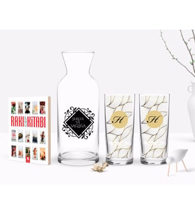 BK Gift Kişiye Özel Renkli Baskılı Baş Harf İsim Tasarımlı Tasarımlı İkili Rakı Bardağı Karaf ve Cep Kitabı Hediye Seti-3 (Model 1)