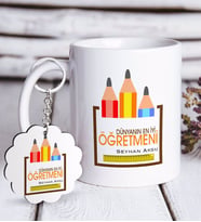 BK Gift Kişiye Özel Dünyanın En İyi Öğretmeni Beyaz Kupa ve Anahtarlık Hediye Seti-20 (Model 1)