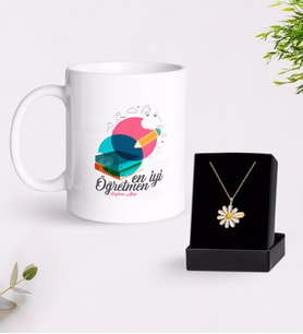 BK Gift Kişiye Özel En İyi Öğretmen Beyaz Kupa ve Papatya Kolye Hediye Seti-3 (Model 1)