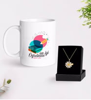 BK Gift Kişiye Özel En İyi Öğretmen Beyaz Kupa ve Papatya Kolye Hediye Seti-3 (Model 1)