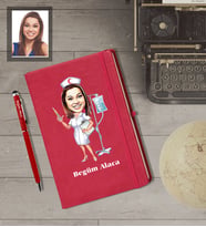 Kişiye Özel Hemşire Karikatürlü  Kırmızı Defter Kalem Hediye Seti Bayan-2