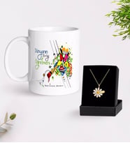BK Gift Kişiye Özel Dünyanın En İyi Öğretmeni Beyaz Kupa ve Papatya Kolye Hediye Seti-27 (Model 1)
