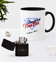BK Gift Kişiye Özel Süper Baba Siyah Kupa Bardak Benzinli Metal Çakmak Seti-5 (Model 1)