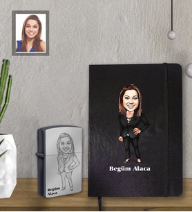Kişiye Özel Öğretmen Karikatürlü Siyah Defter Çakmak Hediye Seti Bayan-14 (Model 1)