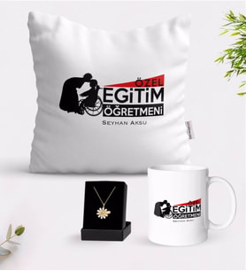 BK Gift Kişiye Özel Özel Eğitim Öğretmeni Beyaz Kupa Yastık ve İsimli Papatya Kolye Hediye Seti-1 (Model 1)