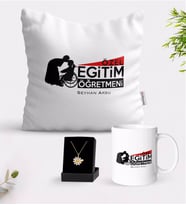 BK Gift Kişiye Özel Özel Eğitim Öğretmeni Beyaz Kupa Yastık ve İsimli Papatya Kolye Hediye Seti-1 (Model 1)