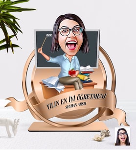 BK Gift Kişiye Özel Yılın En İyi Kadın Öğretmeni Karikatürlü 3D Ahşap Biblo Plaket-8 (Beyaz)