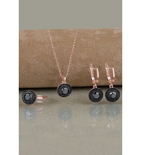 Gümüş Elmas Kesim Siyah Zirkon Taşlı Abiye Model Set (Rose)