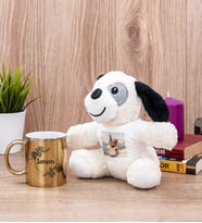 İsme Özel Çiçek Desenli Gold Kupa Bardak ve Peluş Köpek