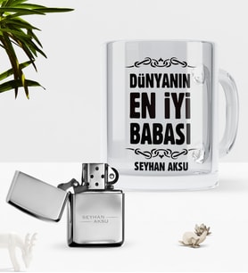 BK Gift Kişiye Özel Dünyanın En İyi Babası Cam Kupa Bardak Benzinli Metal Çakmak Seti-6 (Model 1)