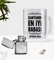 BK Gift Kişiye Özel Dünyanın En İyi Babası Cam Kupa Bardak Benzinli Metal Çakmak Seti-6 (Model 1)
