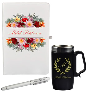 Rengarenk Çiçek Desenli Kişiye Özel Defter Kalem Ve Siyah Termos Mug Seti