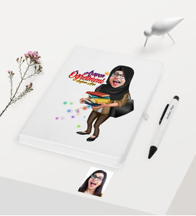 BK Gift Kişiye Özel Tesettürlü Bayan Öğretmen Temalı Karikatürlü Beyaz Defter Kalem Hediye Seti - 2