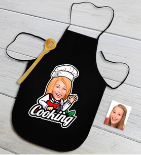 BK Gift Kişiye Özel Bayan Chef Karikatürlü Siyah Mutfak Önlüğü-14